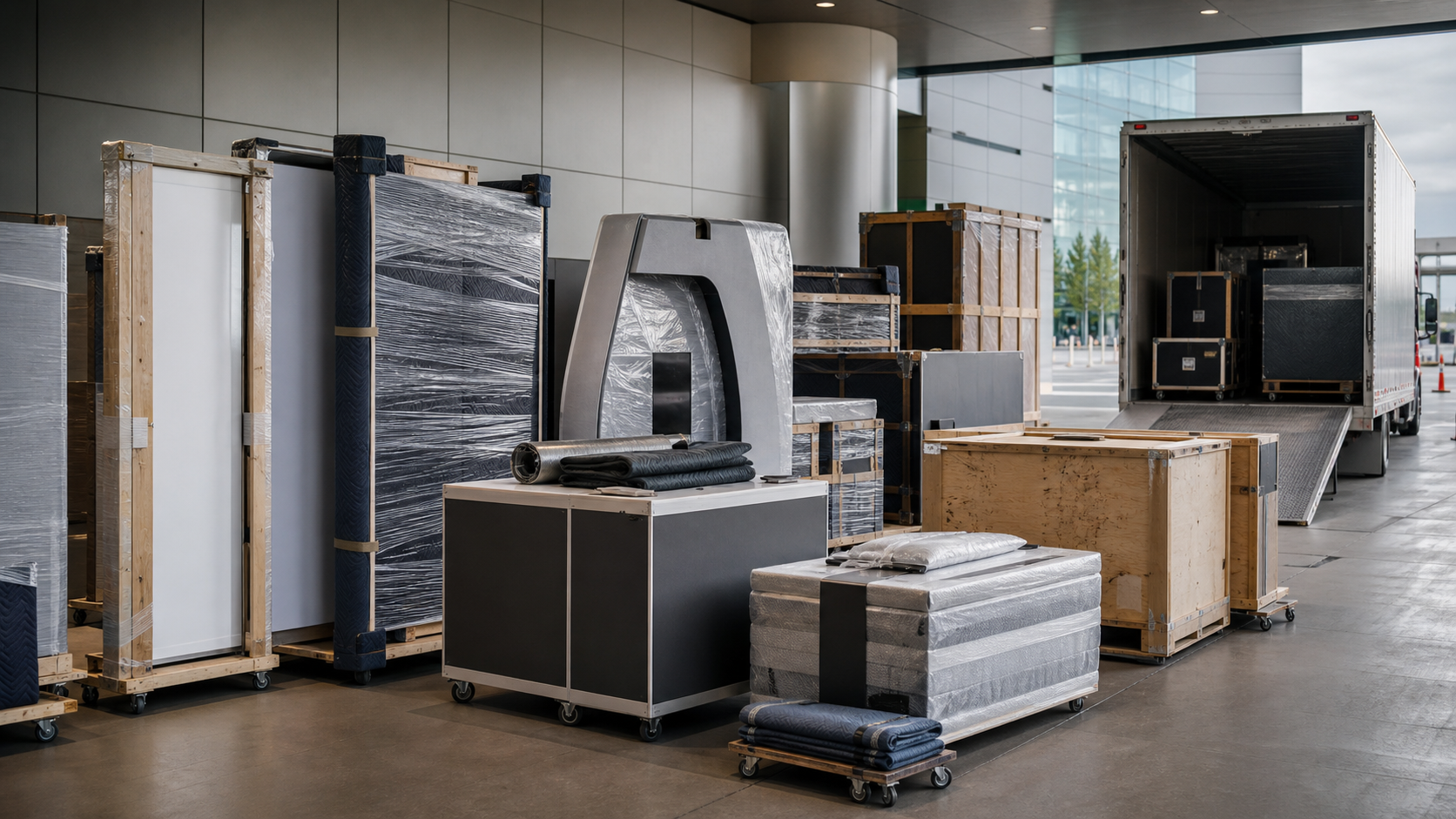 Wrapped millwork, booth components, and fabricated display pieces staged for trade show freight loading.