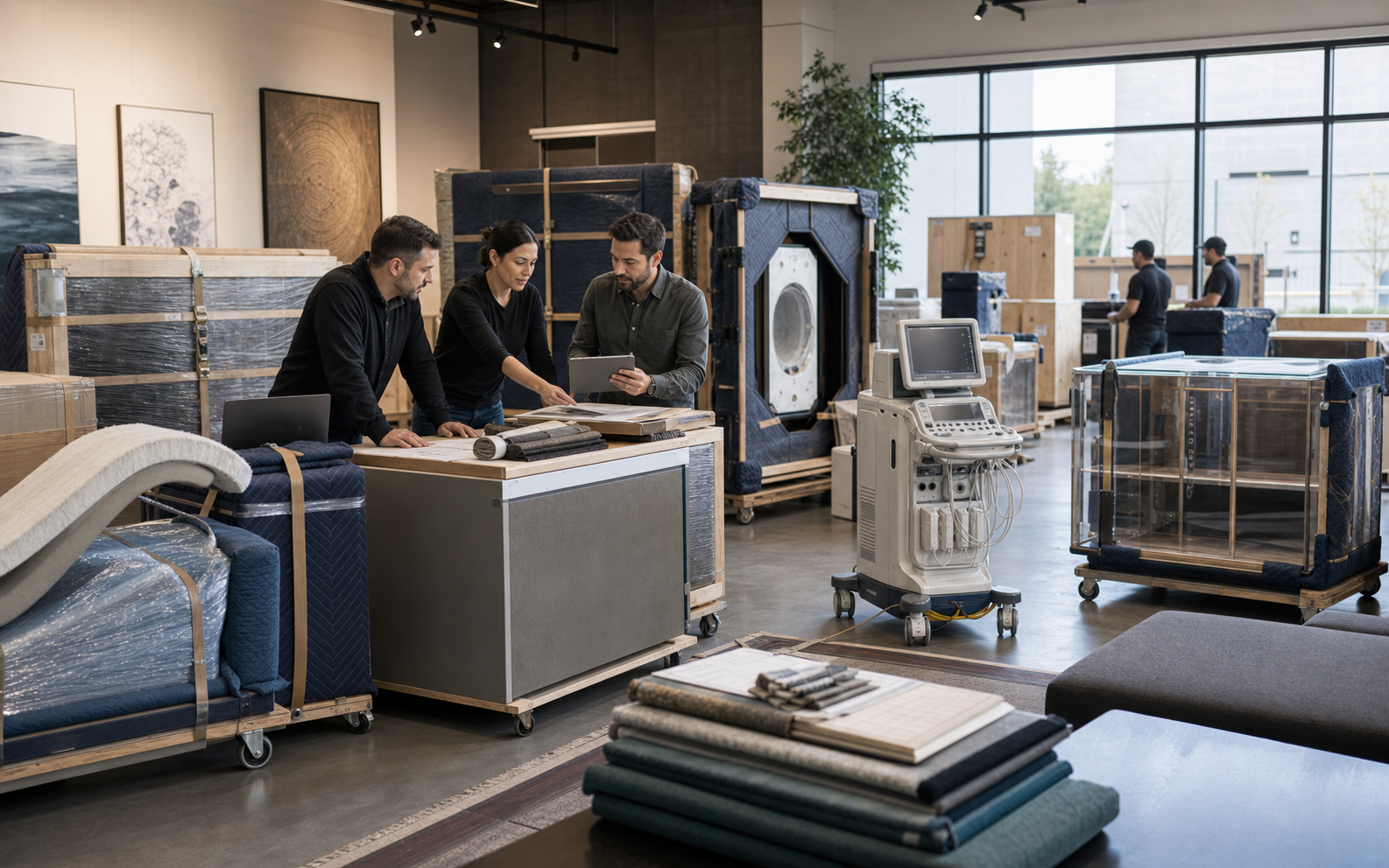 Business shippers planning protected furniture, medical equipment, and high-value product shipments in a showroom staging area.