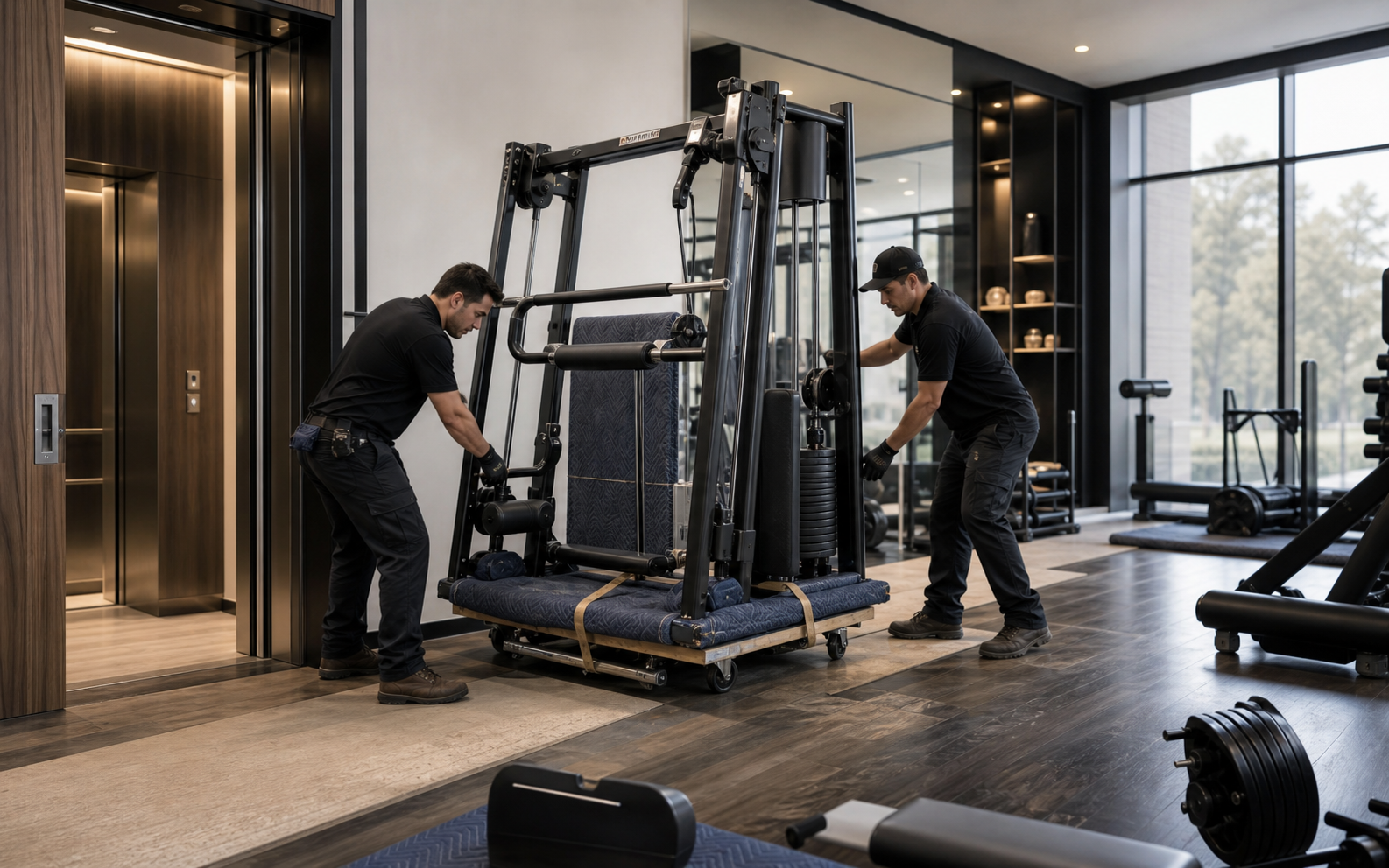 White-glove delivery specialists positioning protected commercial fitness equipment inside a finished destination.