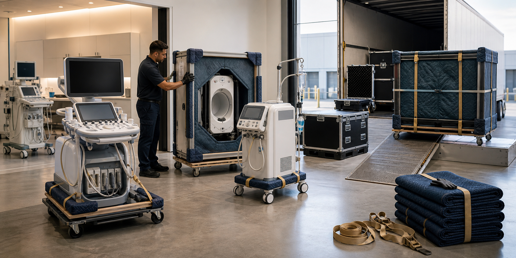 Medical and commercial equipment staged with protective blankets and handling materials.