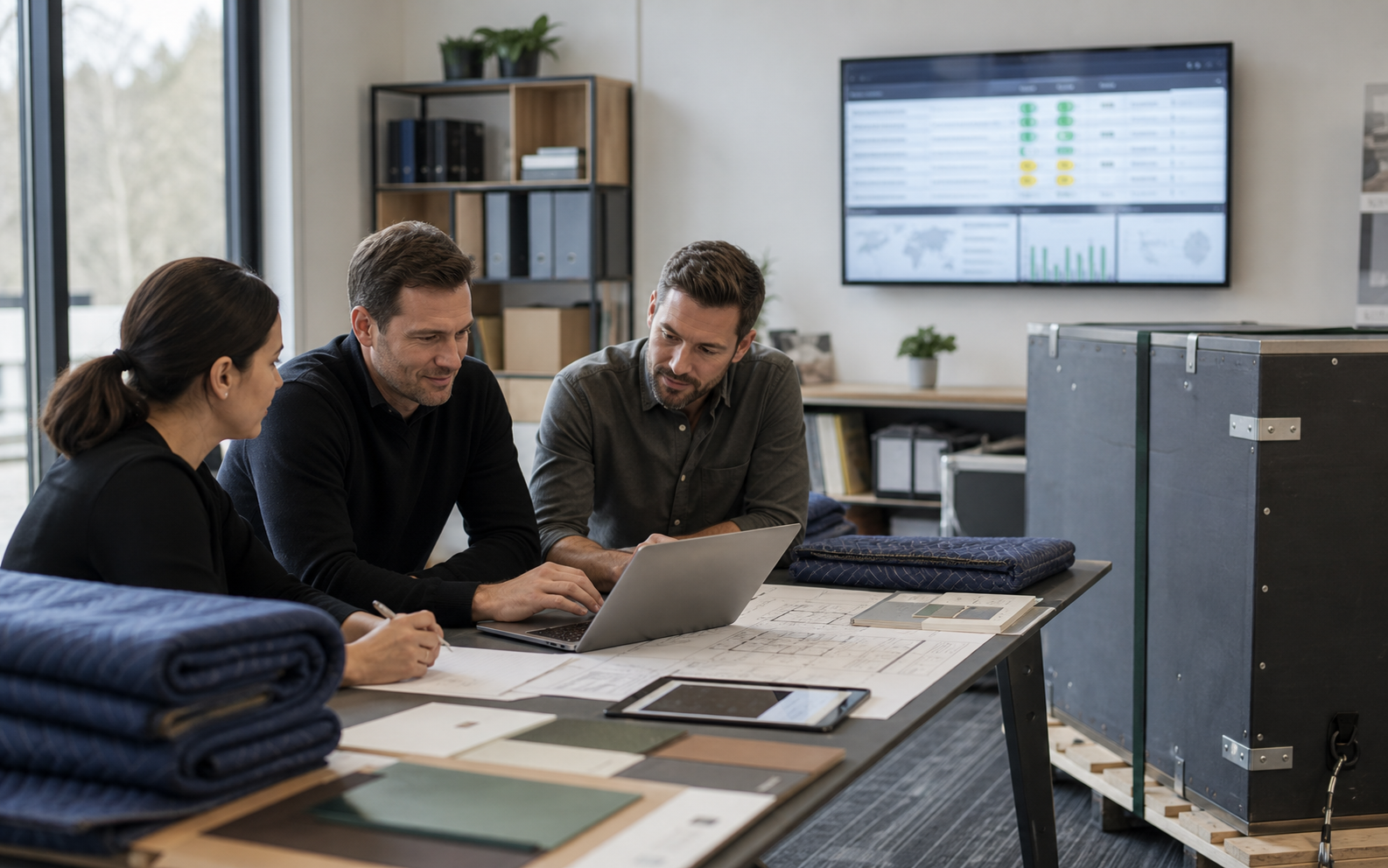 Business shippers calmly reviewing a freight plan while HHX coordinates shipment details.