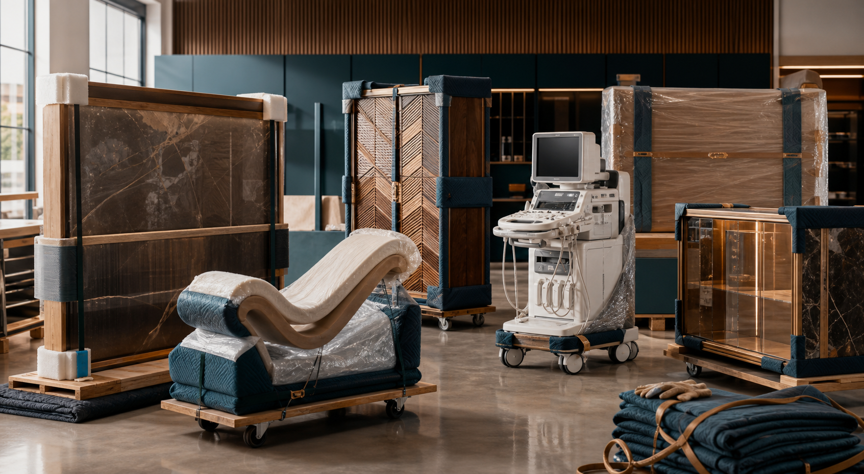 High-end finished products and fragile goods staged for careful freight planning.