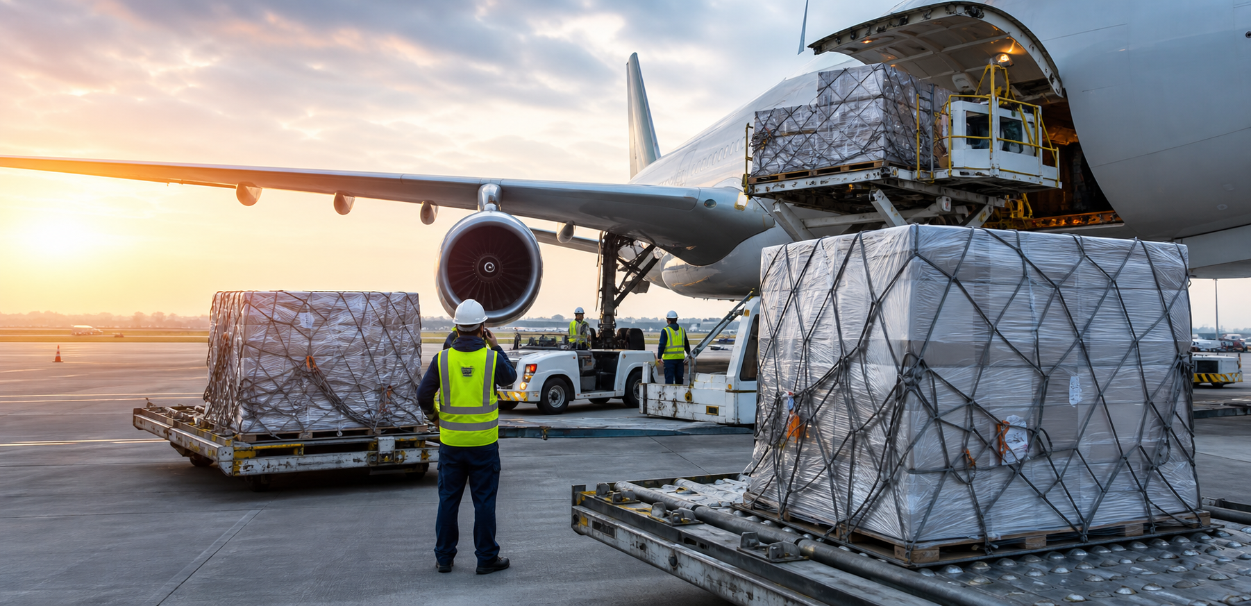Urgent air freight cargo staged for loading at an airport ramp.