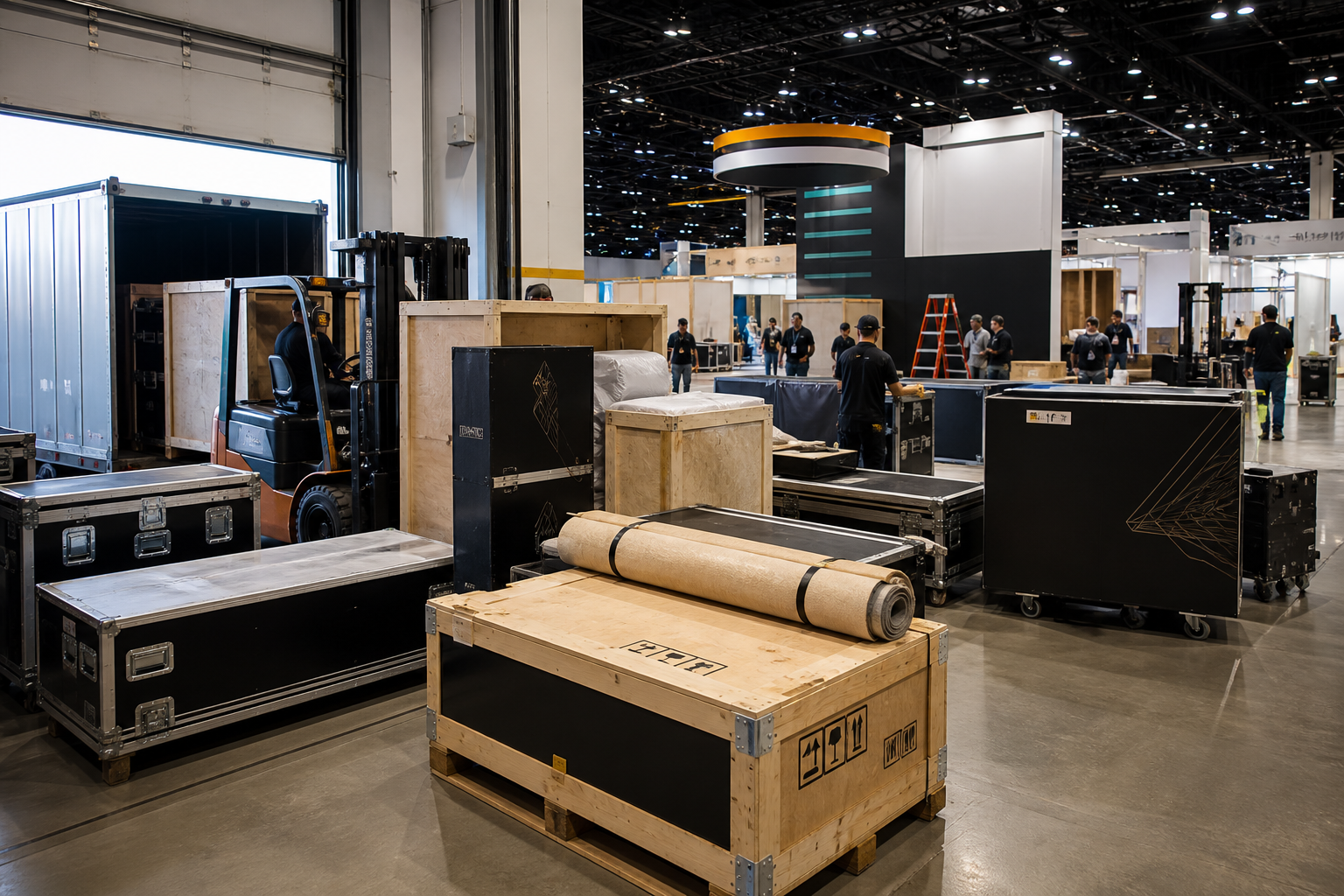 Trade show crates, booth components, and exhibit freight staged at a convention center.