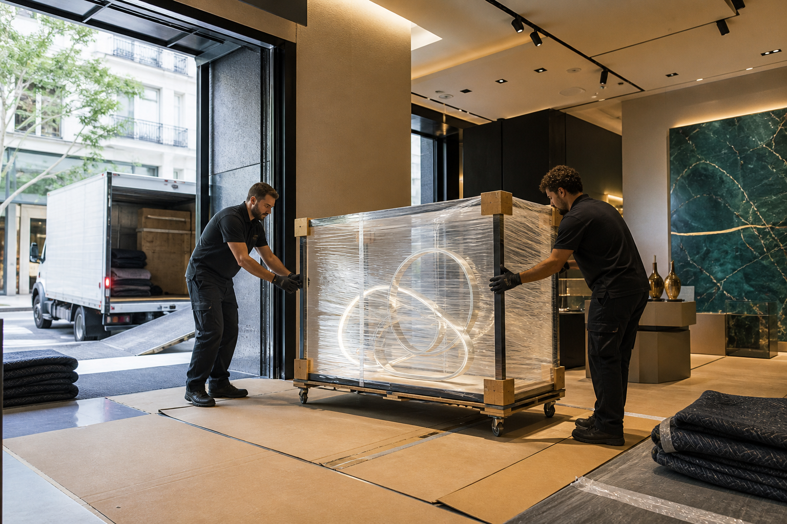 White-glove delivery specialists positioning a protected high-end light fixture at a commercial destination.