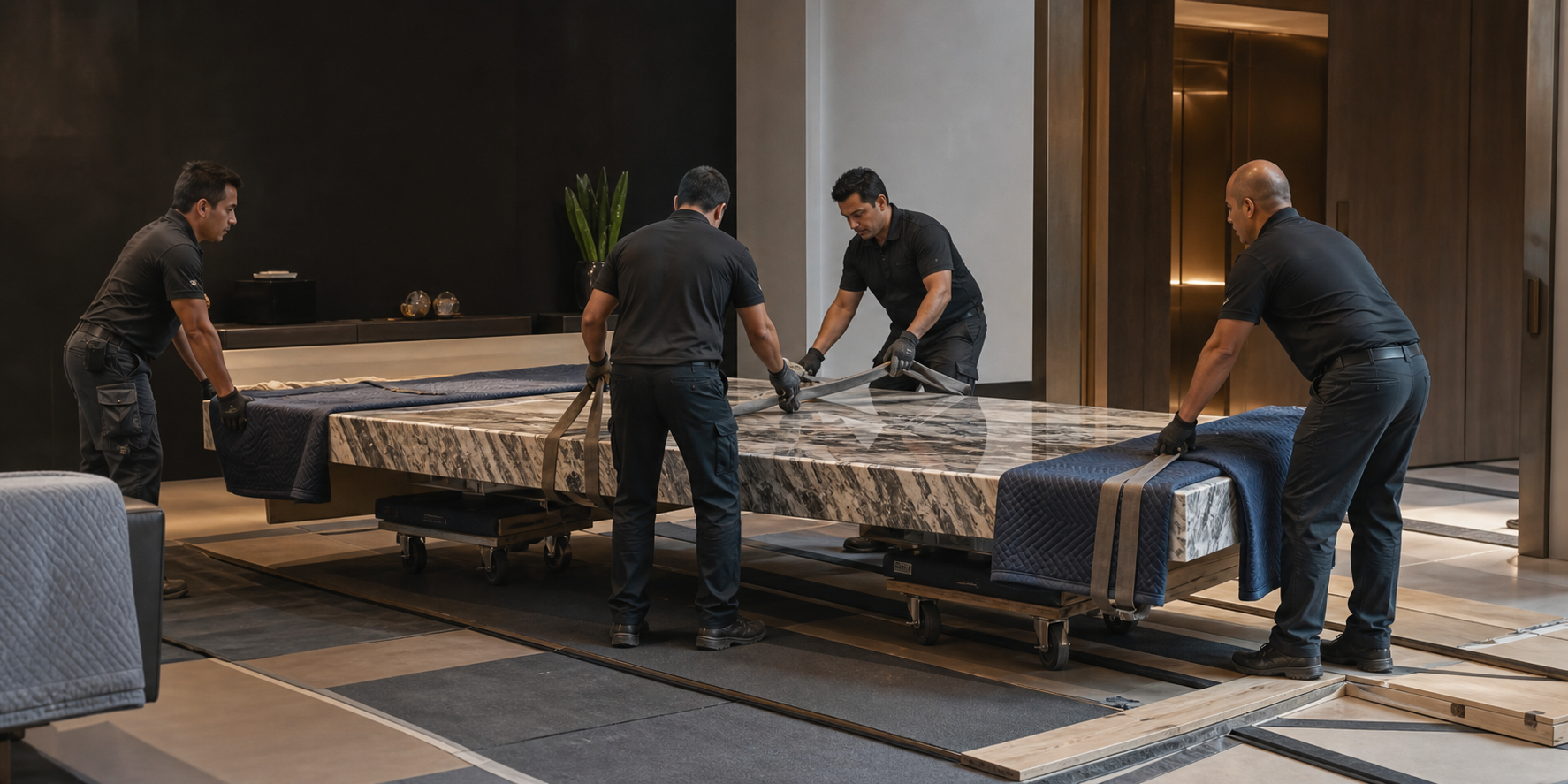 Finished furniture staged with protective handling details for white-glove destination delivery.