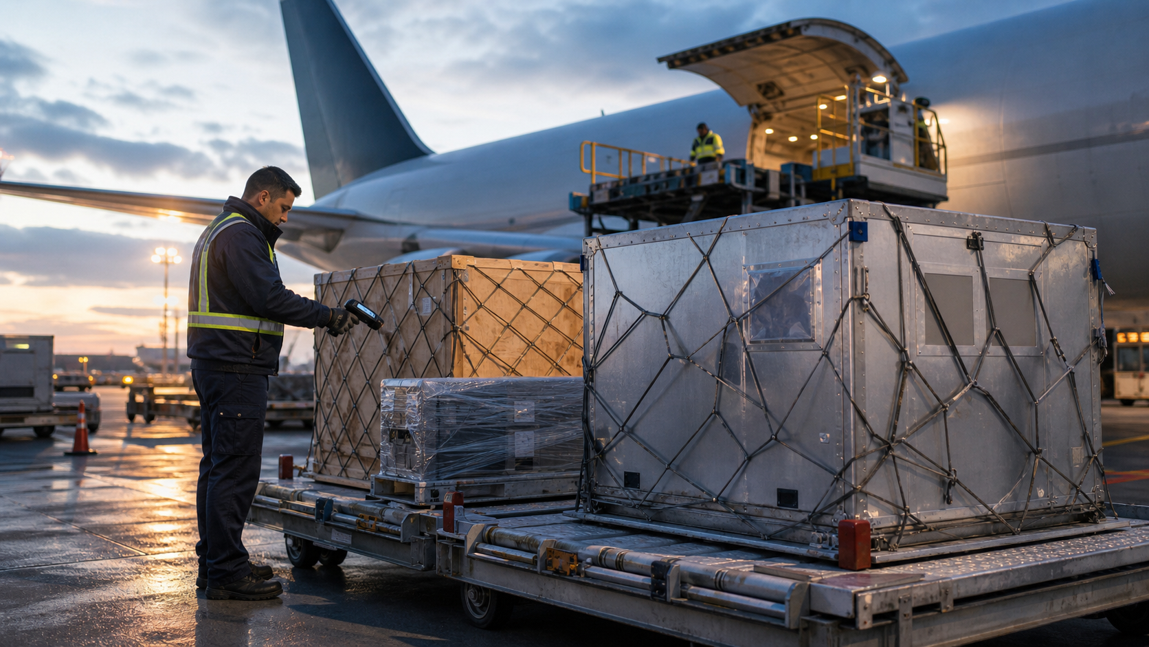 International air freight cargo staged at an airport cargo terminal.