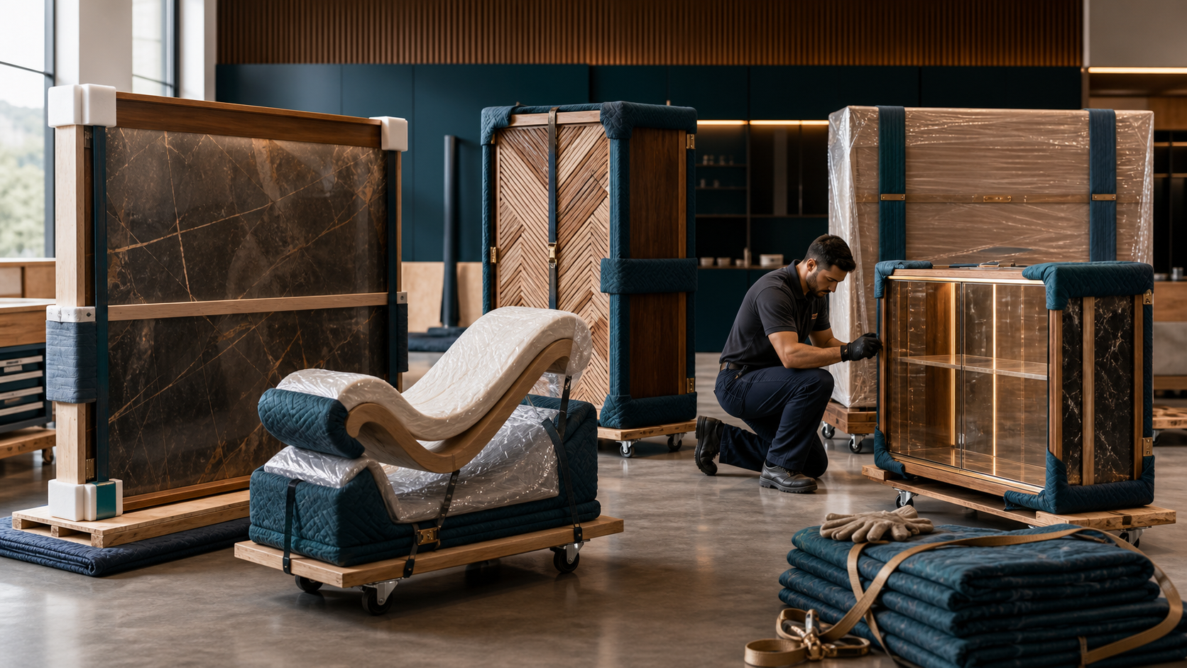 High-care product logistics with protected furniture, fixtures, and delicate goods prepared for delivery.