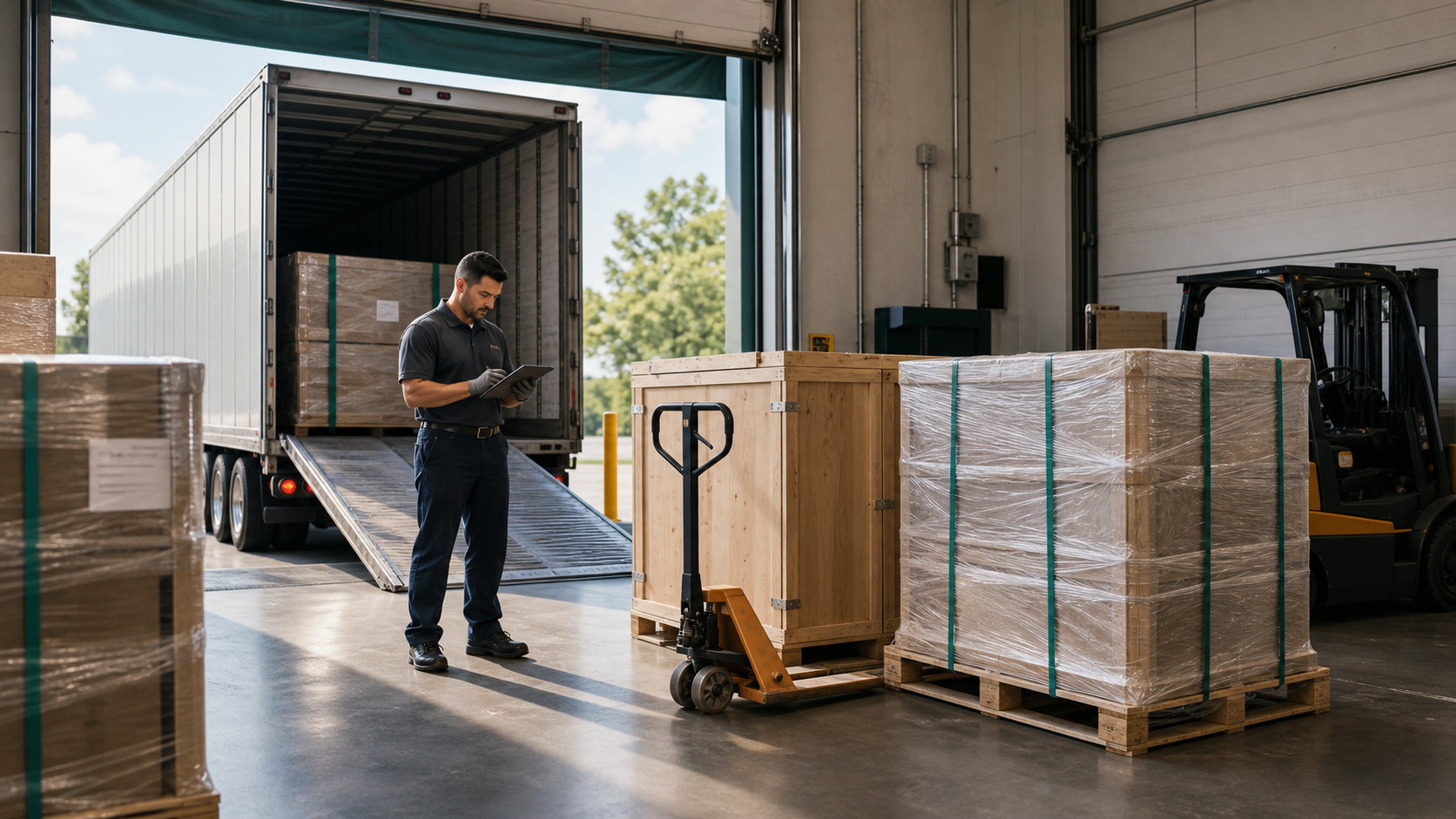Commercial palletized freight staged near a truck for domestic freight coordination.