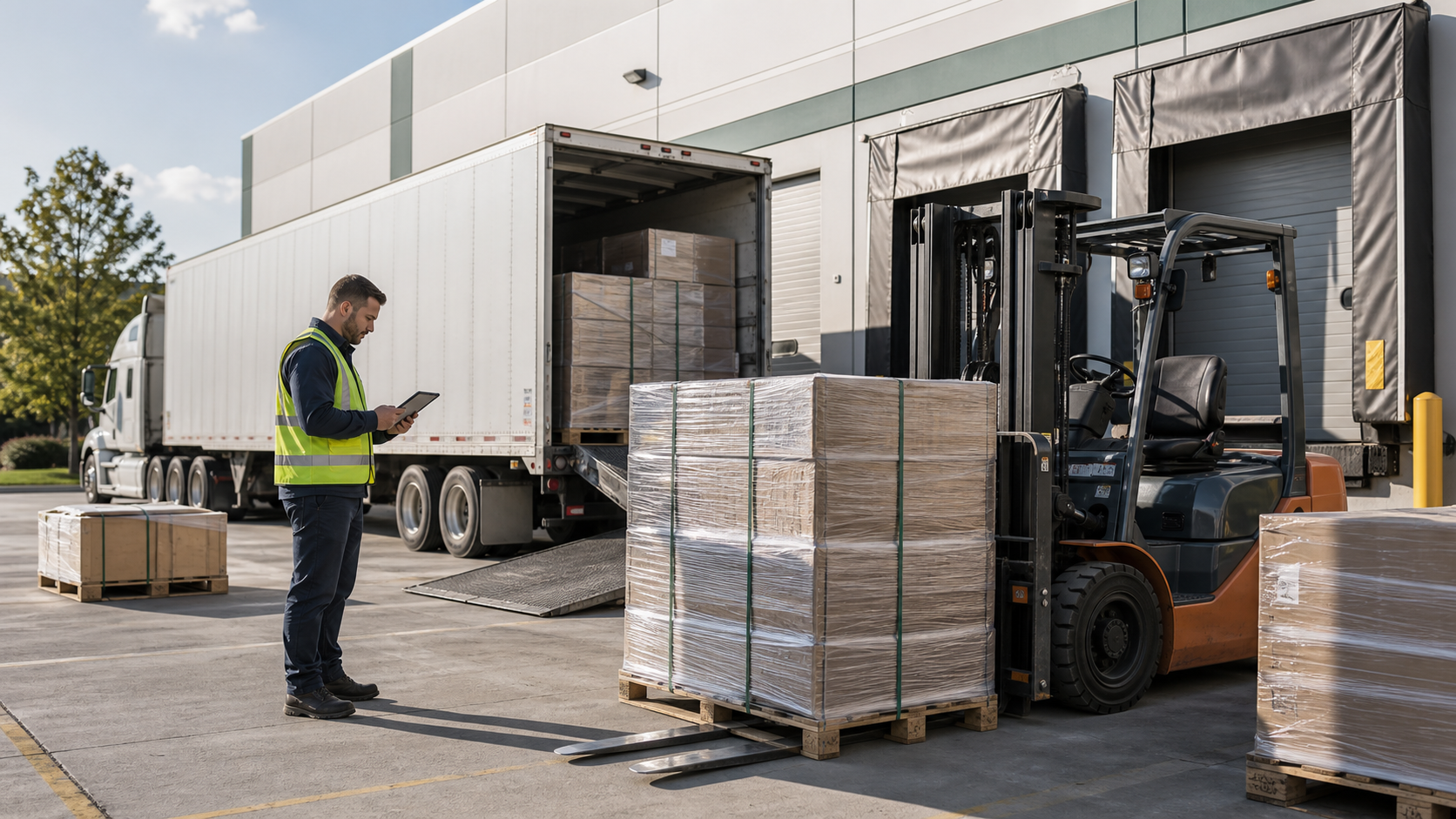 Commercial LTL and FTL freight staged at a clean shipping dock.