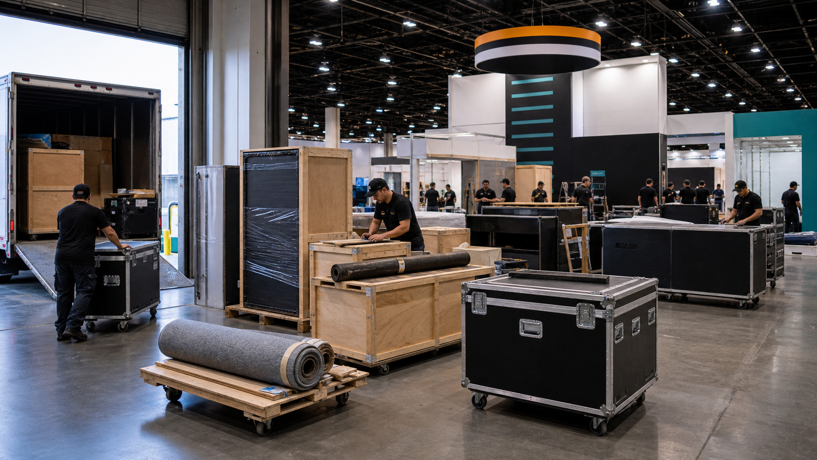 Event freight crates prepared for teardown and return shipment planning.