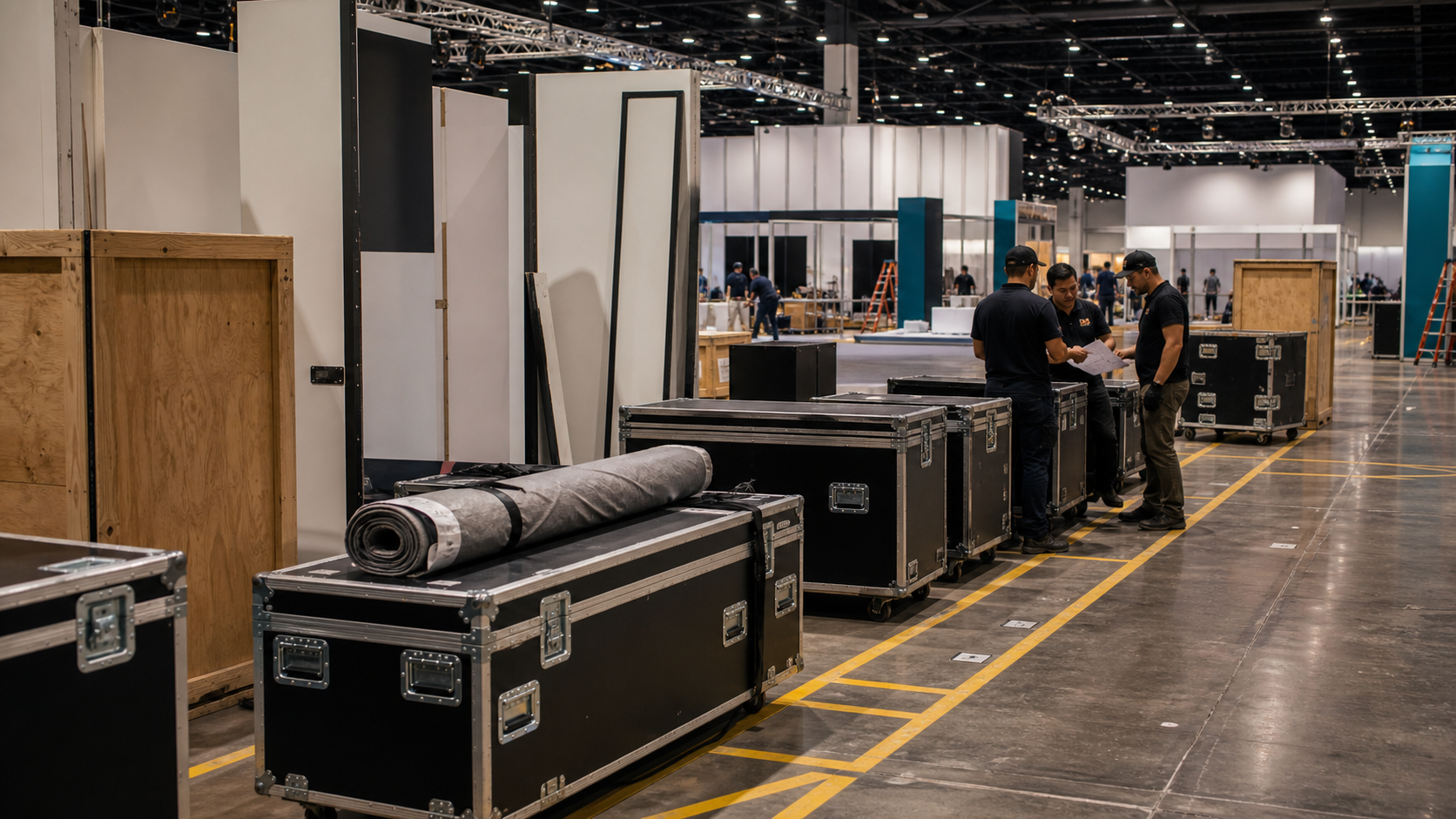 Trade show booth freight and protected exhibit components staged for show-floor delivery.