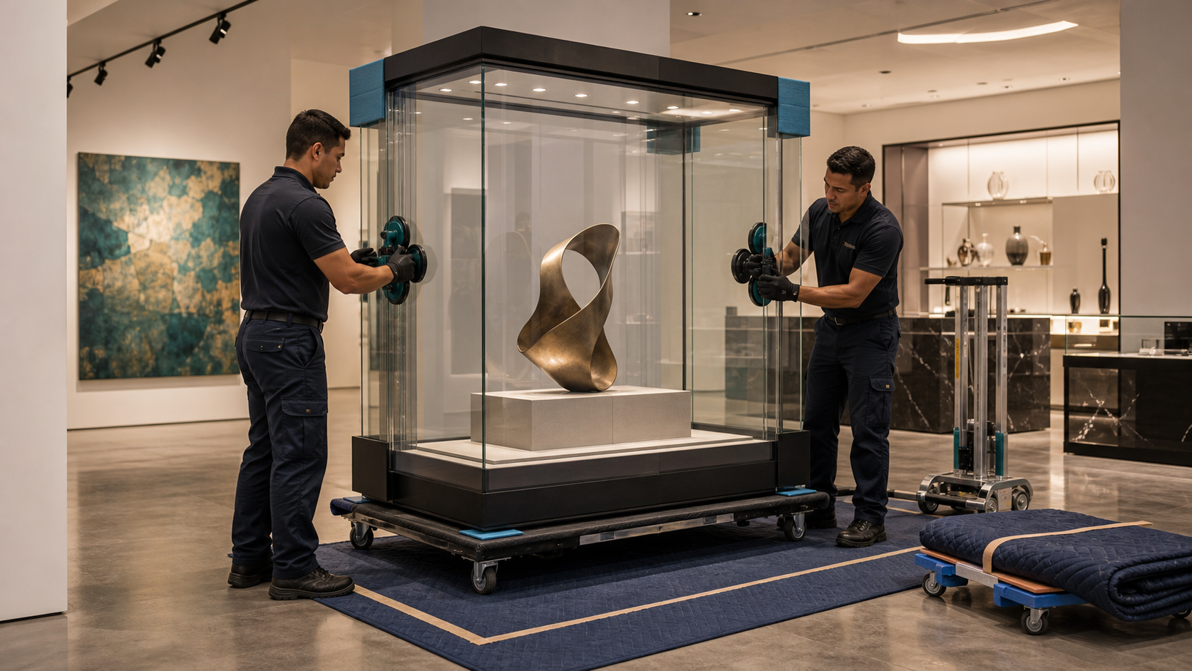 White-glove specialists handling a high-end finished product with protective materials.