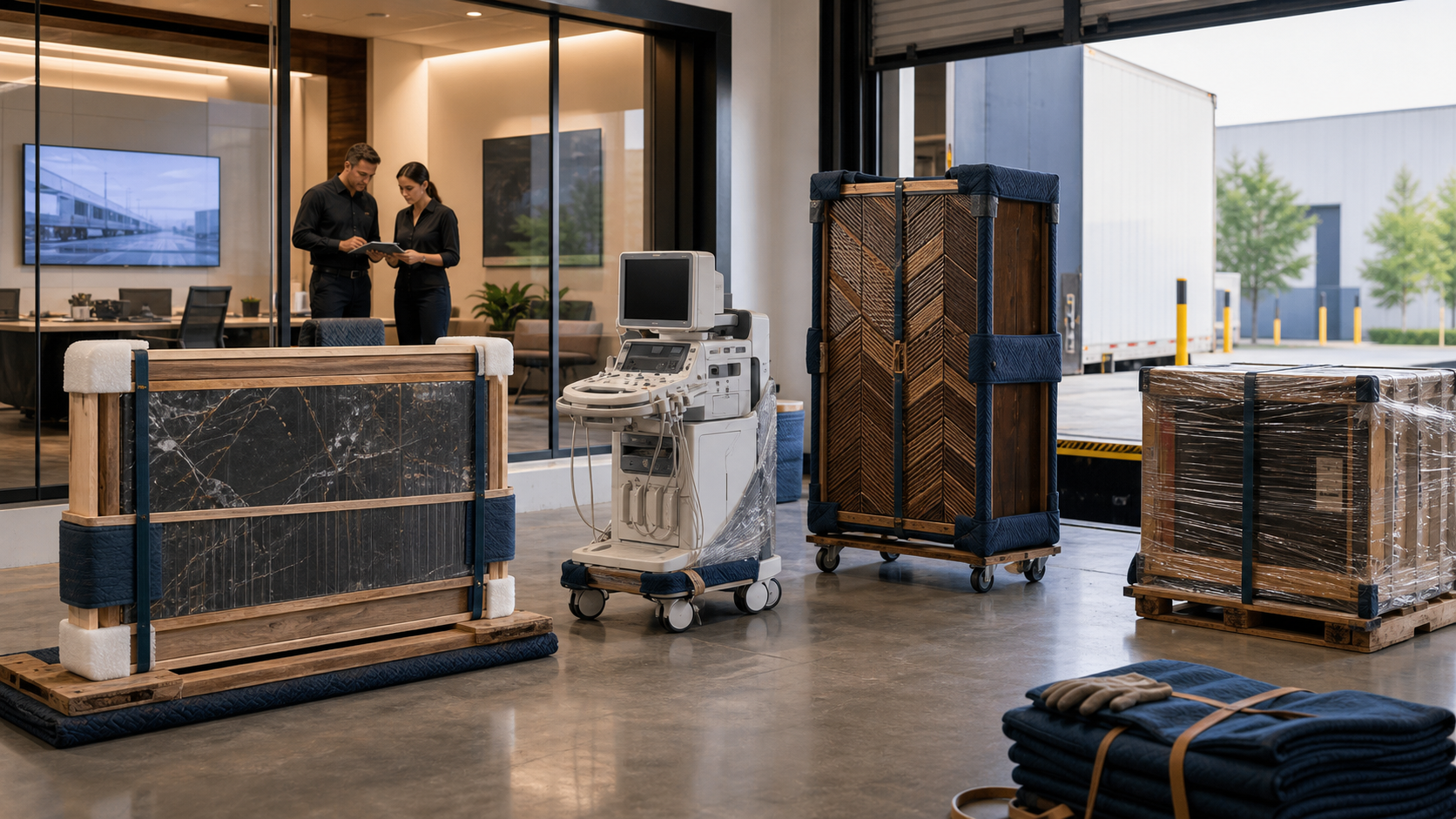 Protected goods, commercial equipment, and freight staged for coordinated logistics.