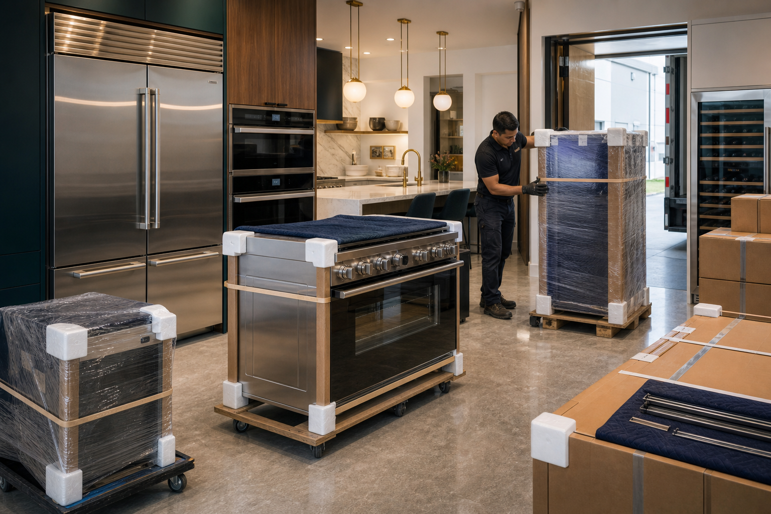 Large appliances and home products staged for careful delivery in a finished interior space.