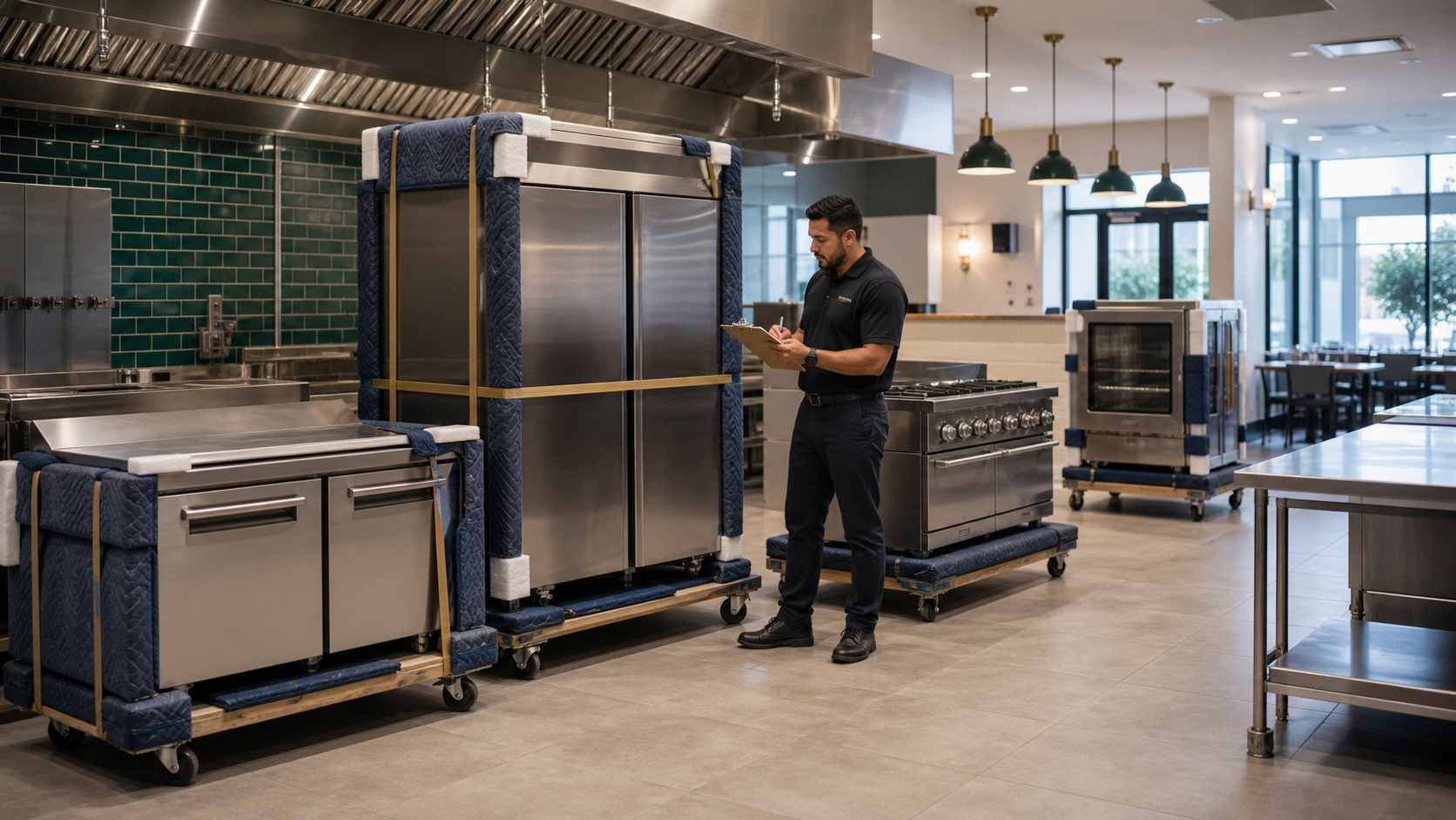 Commercial kitchen equipment protected on dollies inside a finished restaurant kitchen.