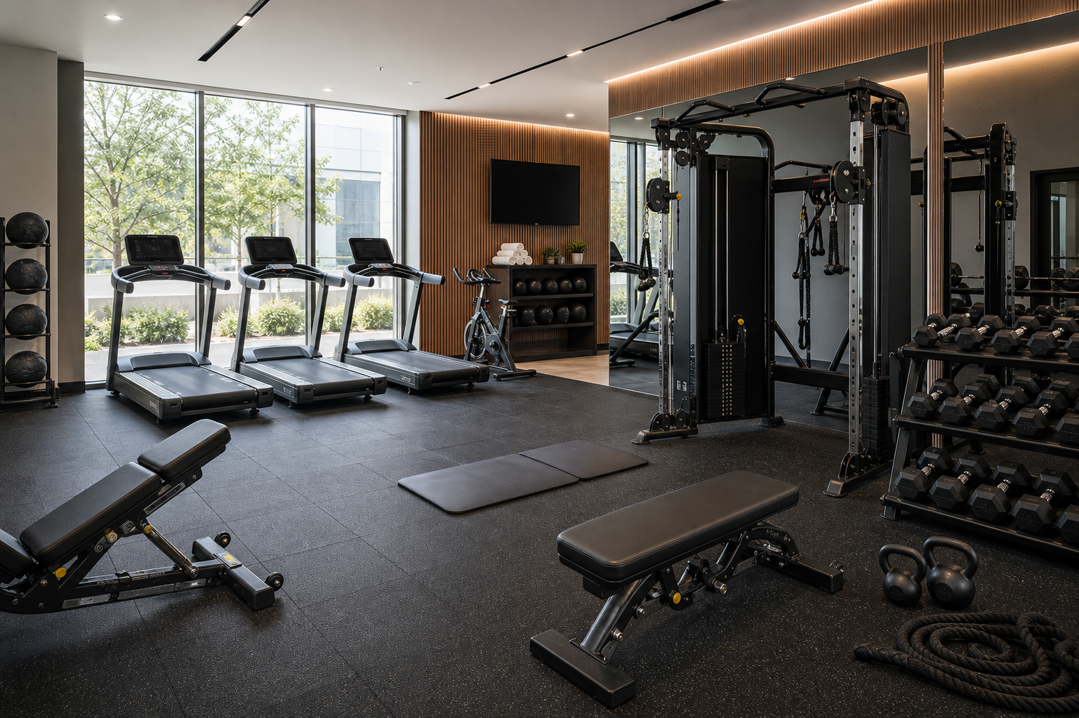 Commercial gym with treadmills, weight stations, benches, dumbbells, and finished equipment placement.