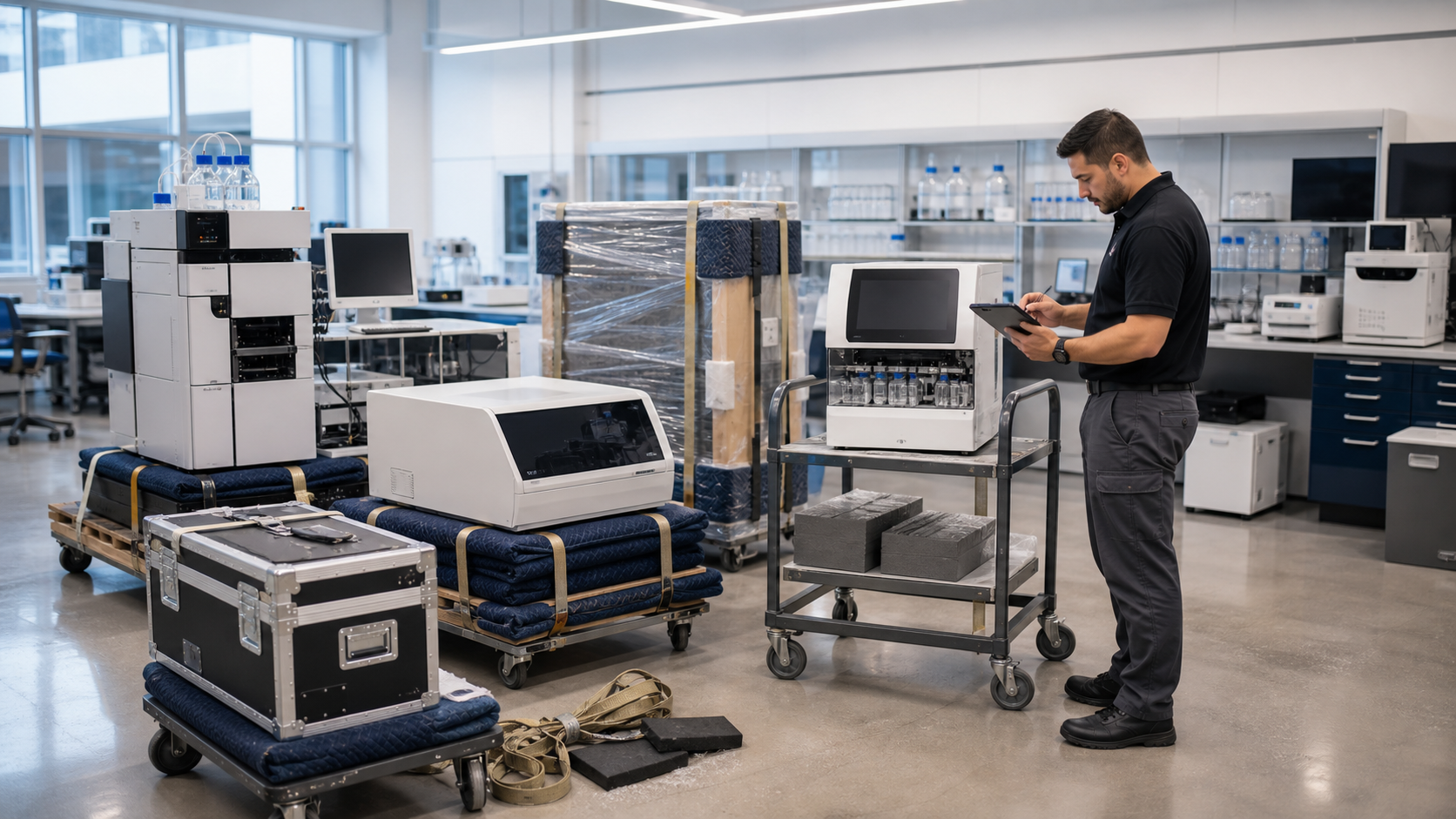 Laboratory instruments and sensitive equipment staged on carts with protective blankets in a clean lab.