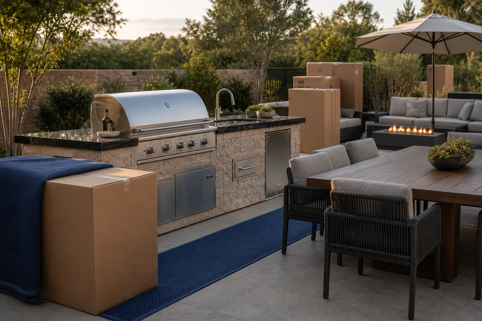 Outdoor kitchen and patio products staged in a finished exterior living space.