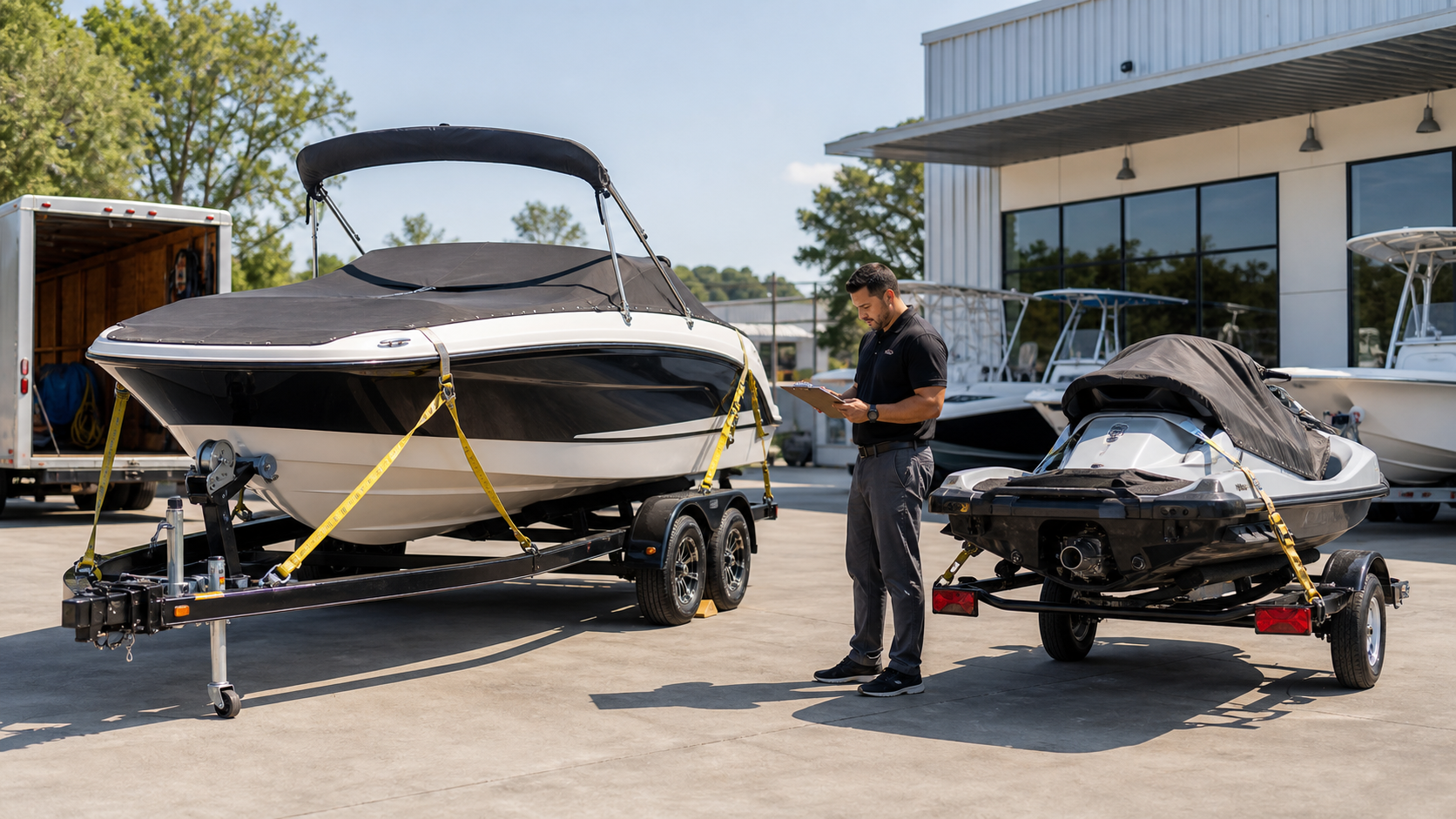 Boats, jet skis, trailers, and recreational equipment staged for transport.