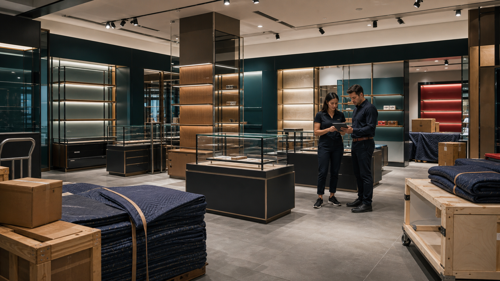 Retail display fixtures, glass cases, crates, and moving blankets staged inside a finished showroom.