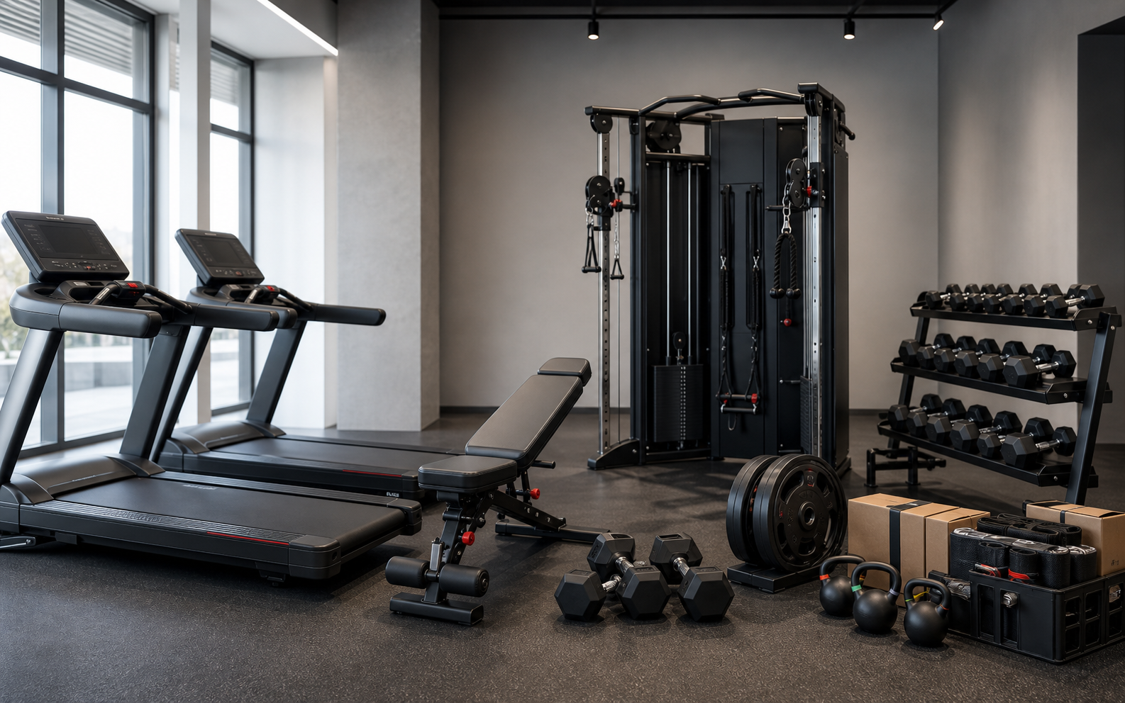 Commercial fitness equipment including treadmills, weight machines, dumbbells, and kettlebells.