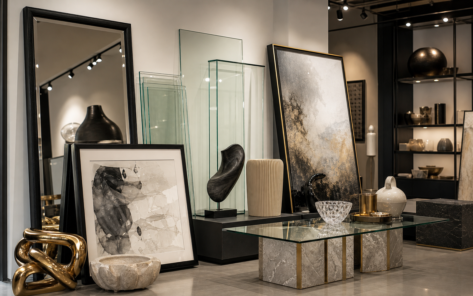 Framed art, mirrors, glass panels, sculptural decor, and fragile high-end finished goods.