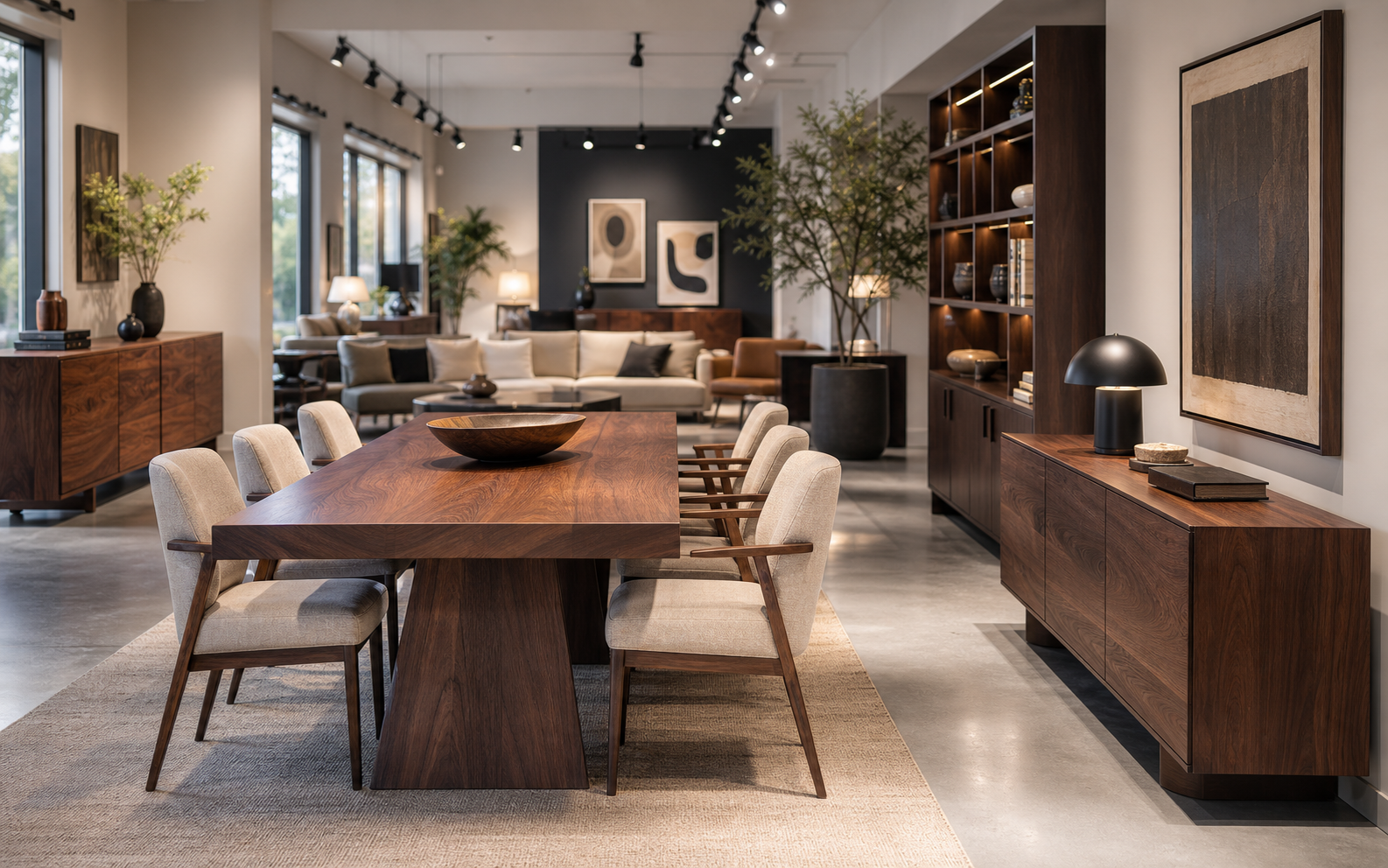 Finished furniture, dining tables, seating, and case goods shown in a premium showroom.