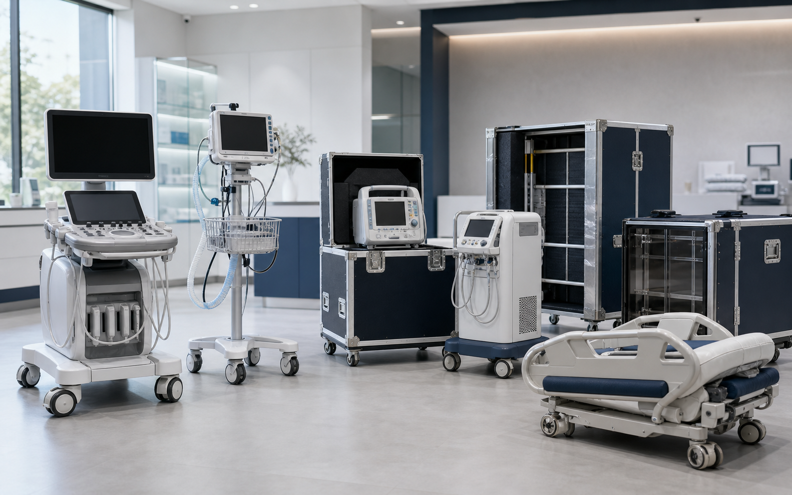 Medical and technical equipment including diagnostic devices, monitors, equipment cases, and bed components.