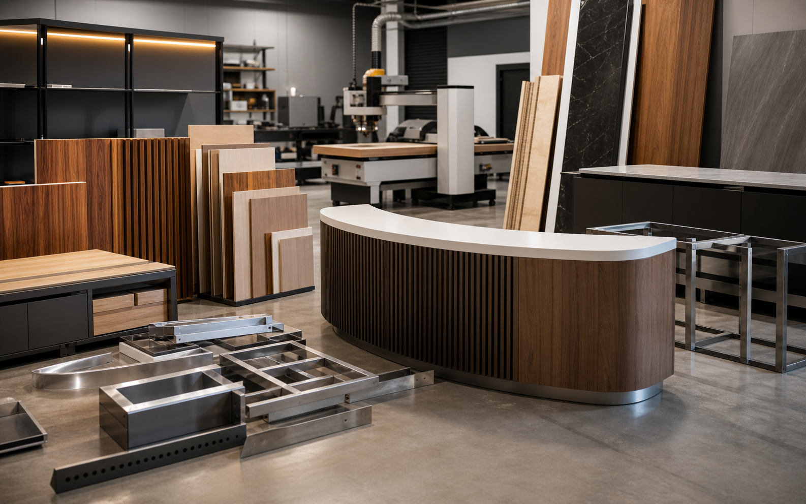 Millwork panels, fabricated commercial fixtures, machinery, metal frames, and finished components.