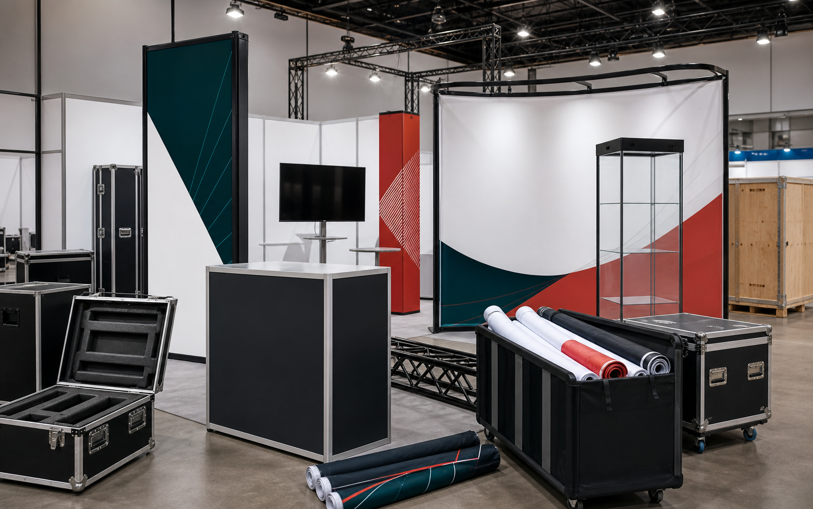 Trade show booth panels, display counters, graphics, cases, and event materials.