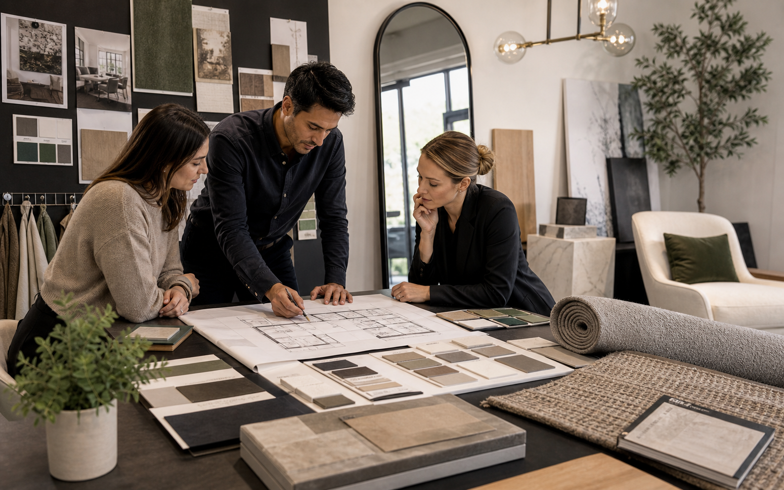 Interior design project team reviewing plans, material samples, furniture, mirror, and rug selections.