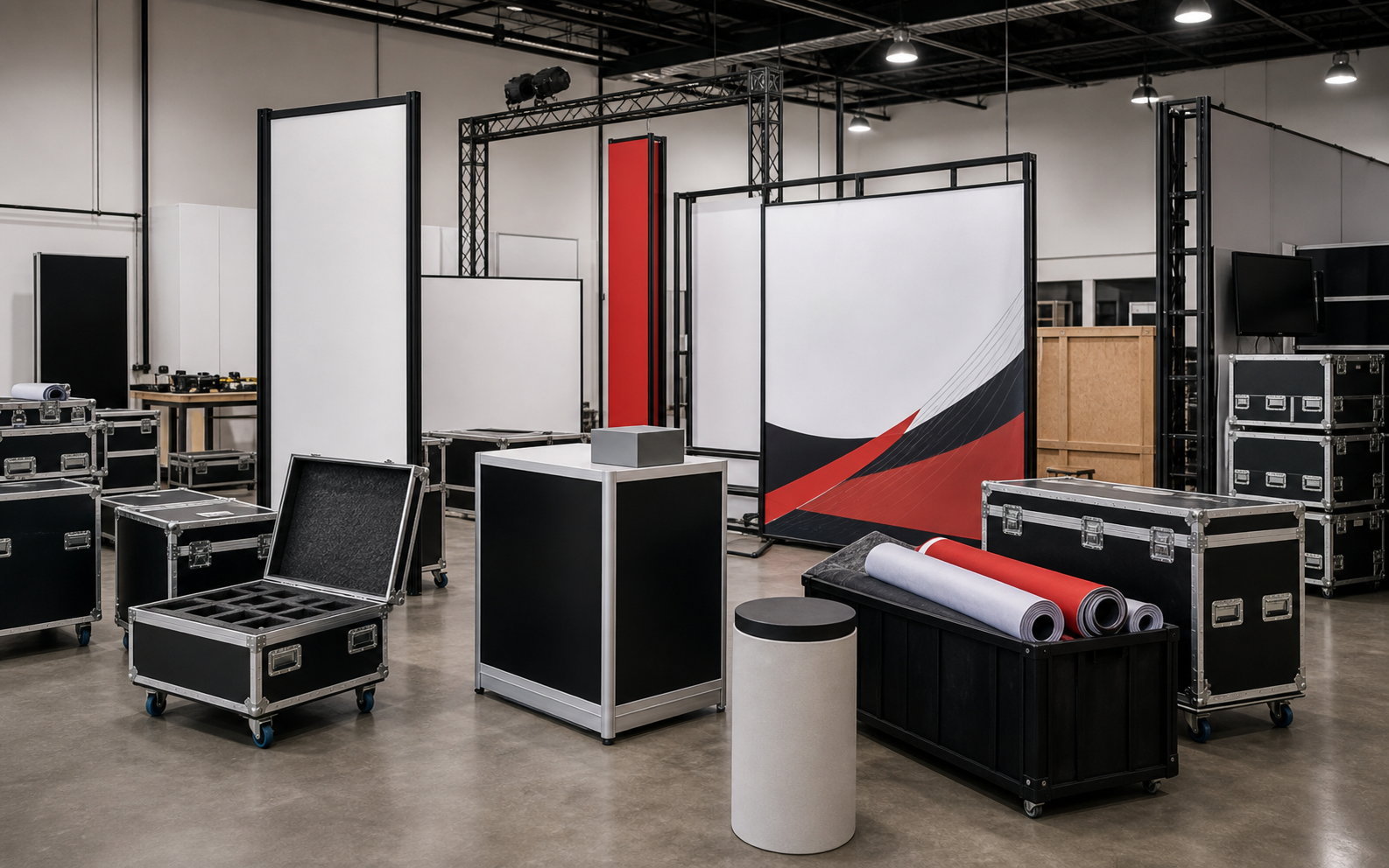 Trade show booth structures, road cases, display panels, graphics, and event materials staged together.