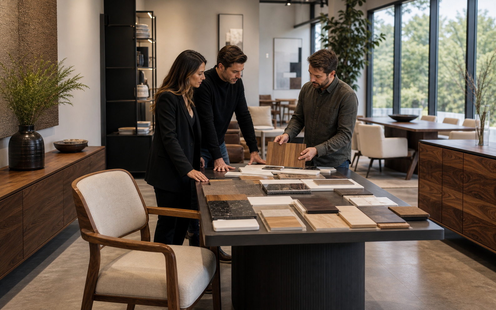 Product makers reviewing furniture finishes and finished products in a showroom.