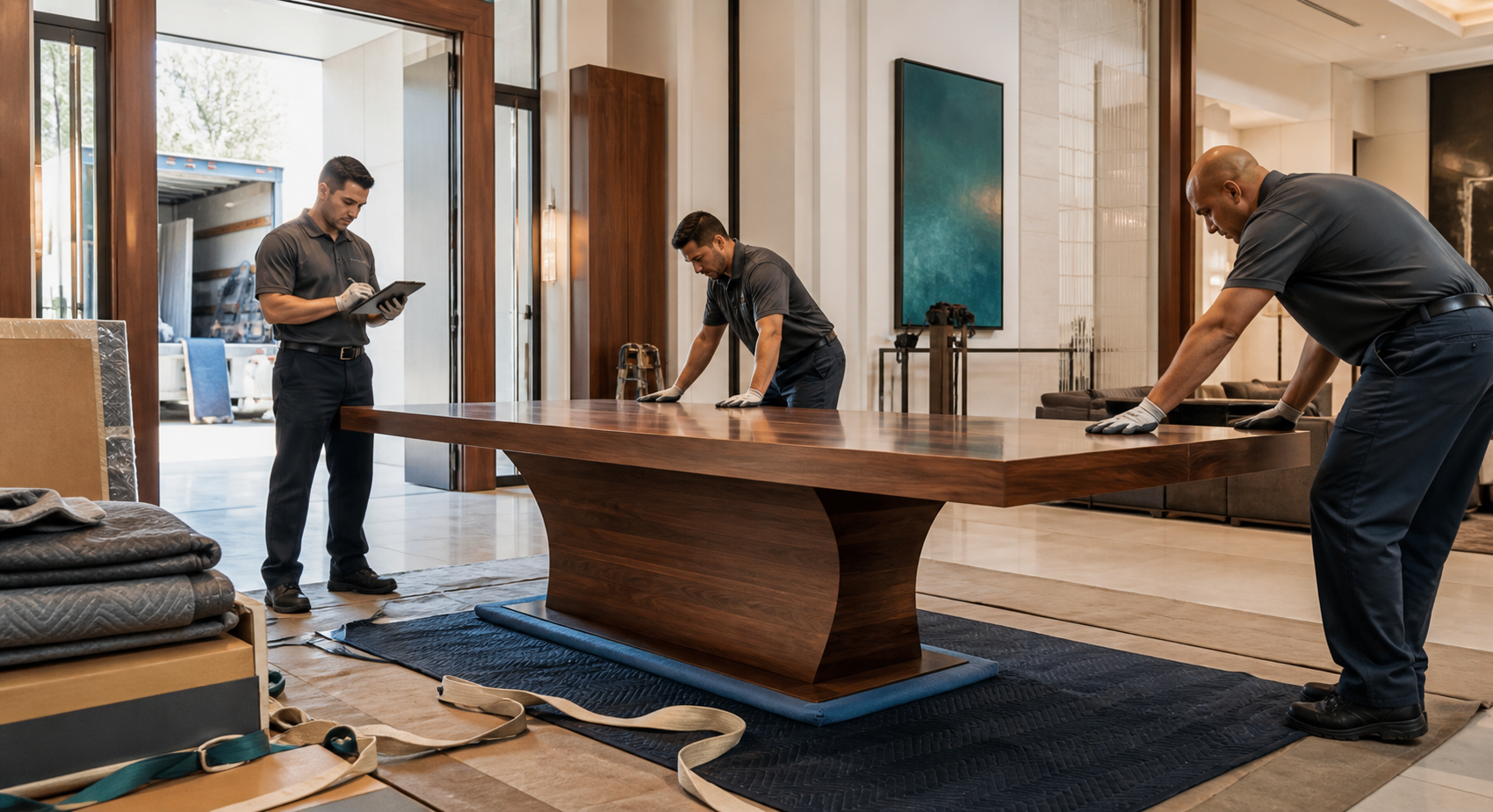 White-glove delivery specialists positioning an oversized finished product at the destination.