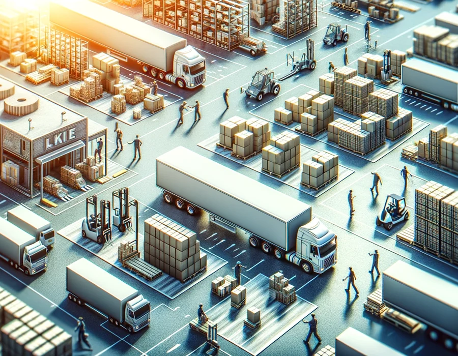 Freight terminal activity with pallets, trucks, and loading areas.