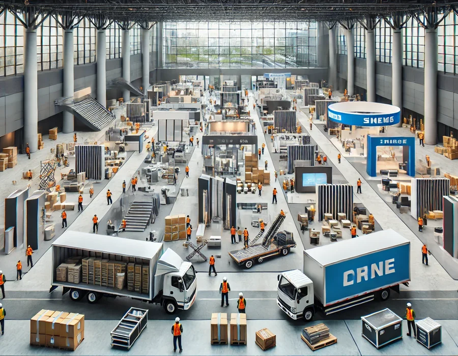 Trade show freight crates and event materials prepared for venue receiving.
