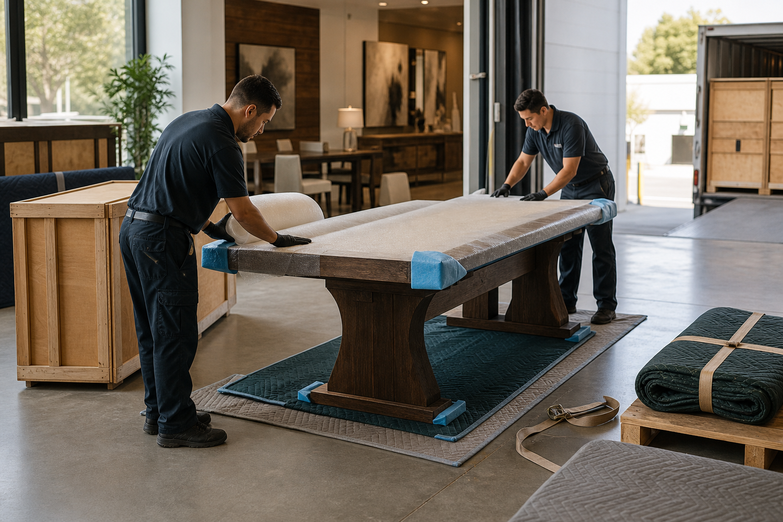Finished fixture and furniture pieces prepared with protective materials before white-glove delivery.