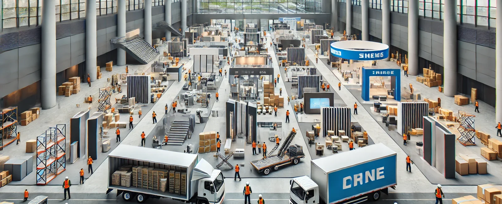 Convention floor setup with booth materials staged before an event opens.