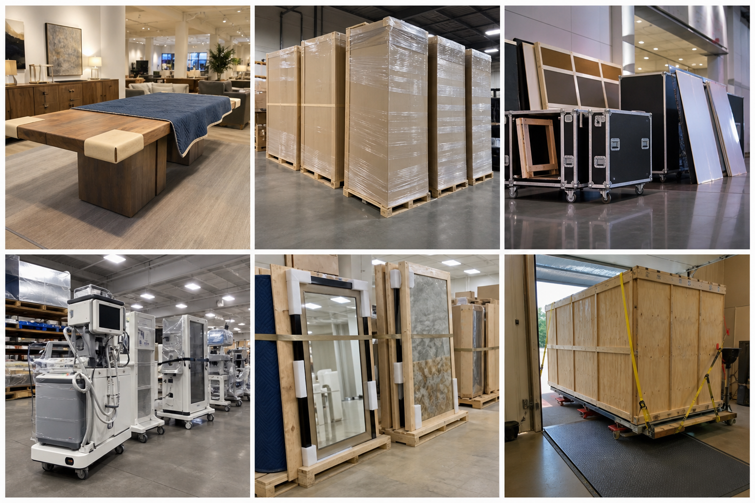Furniture, trade show freight, equipment, fragile goods, and oversized finished products prepared for careful logistics planning.