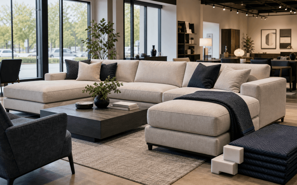 Finished sectional sofa in a showroom-style room planned for careful delivery and placement.