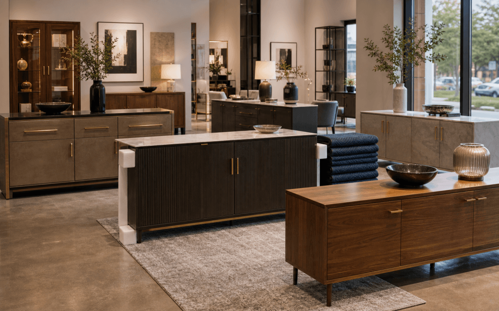 Finished case goods and cabinets in a showroom prepared for careful delivery coordination.