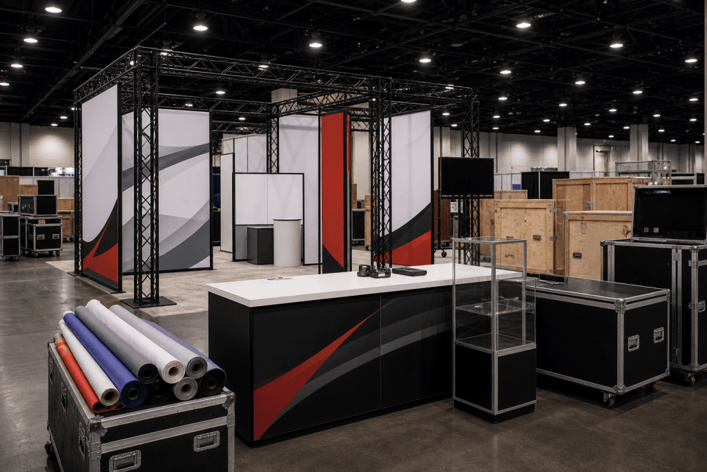 Trade show booth freight with truss, signage, and display cases staged for move-in.