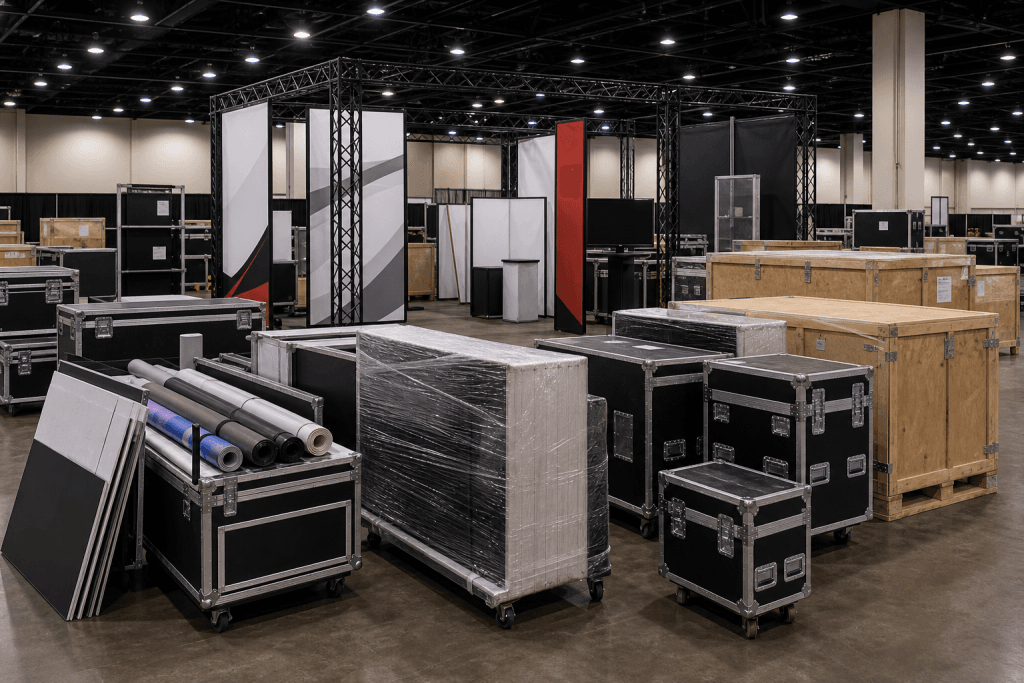 Road cases and booth panels staged for return freight after a trade show.