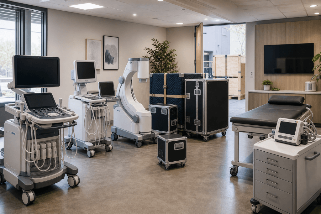 Diagnostic equipment in a clean clinical room prepared for coordinated delivery and receiving.