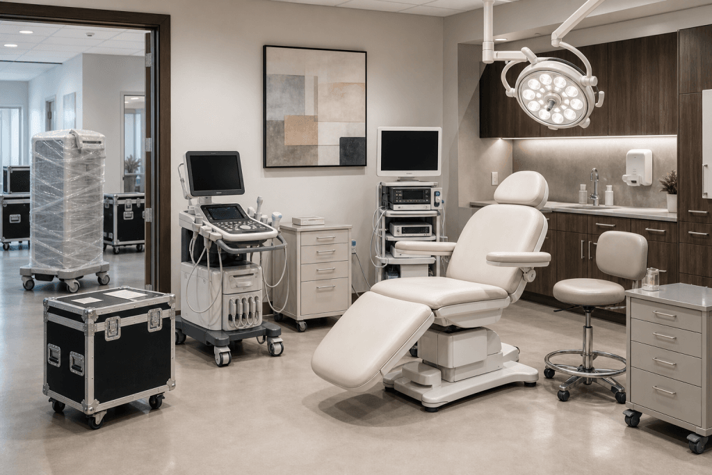 Treatment room equipment staged in a clean technical room for coordinated delivery.