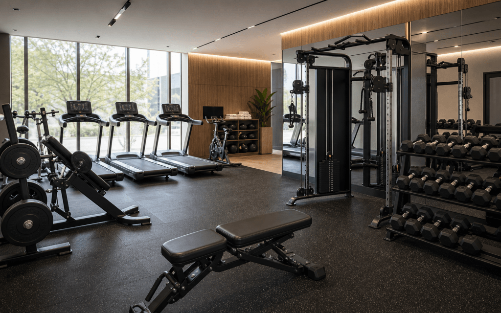 Commercial gym equipment arranged in a finished fitness room for planned delivery and placement.
