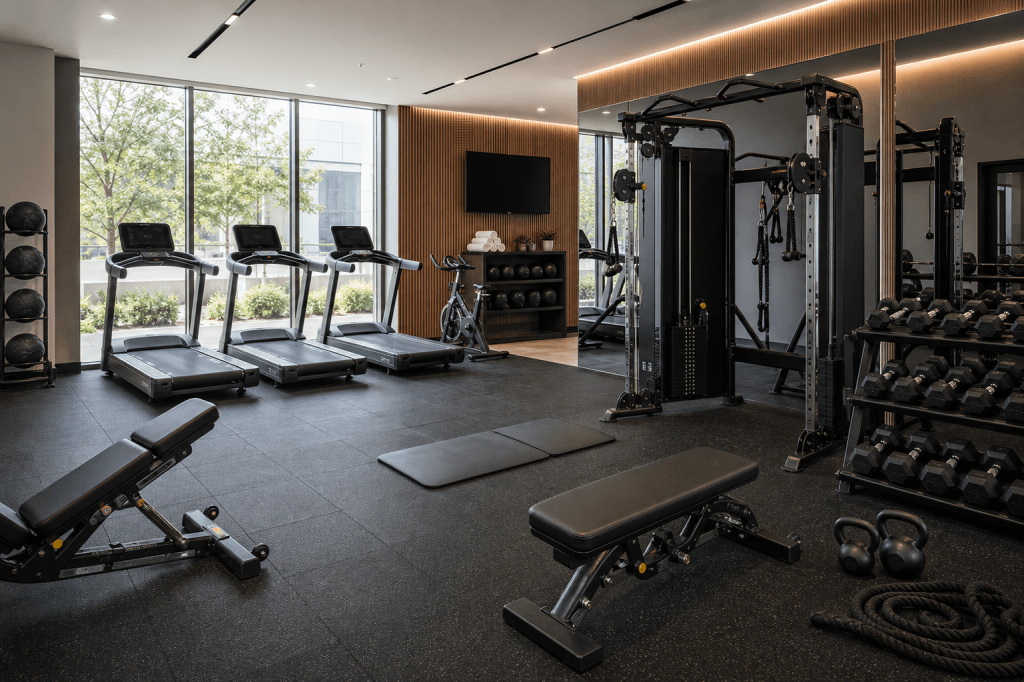Fitness equipment program set up in a completed commercial workout room.
