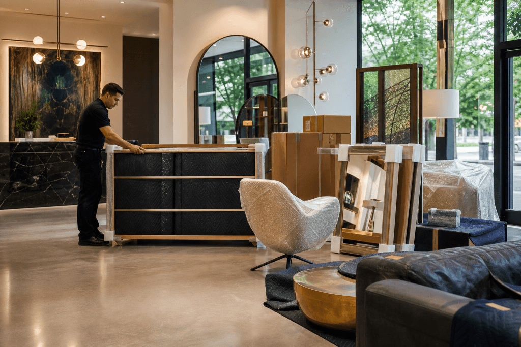 High-end finished goods staged in a showroom receiving area for protected customer-facing delivery.