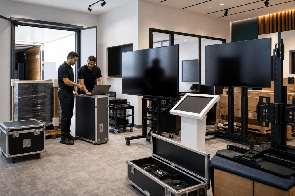 Commercial display systems and technical electronics staged for careful freight receiving.